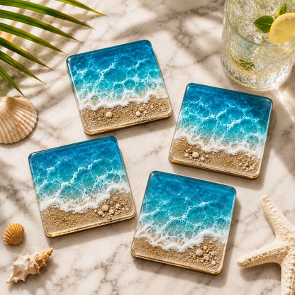 The "Cerulean Shore" Resin Coasters