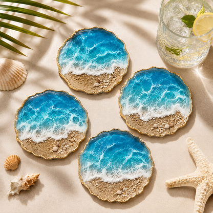 The "Cerulean Shore" Resin Coasters