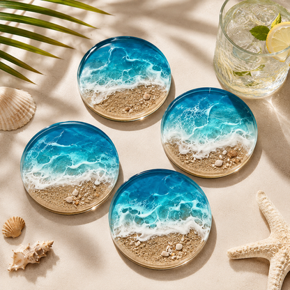 The "Cerulean Shore" Resin Coasters