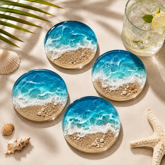 The "Cerulean Shore" Resin Coasters