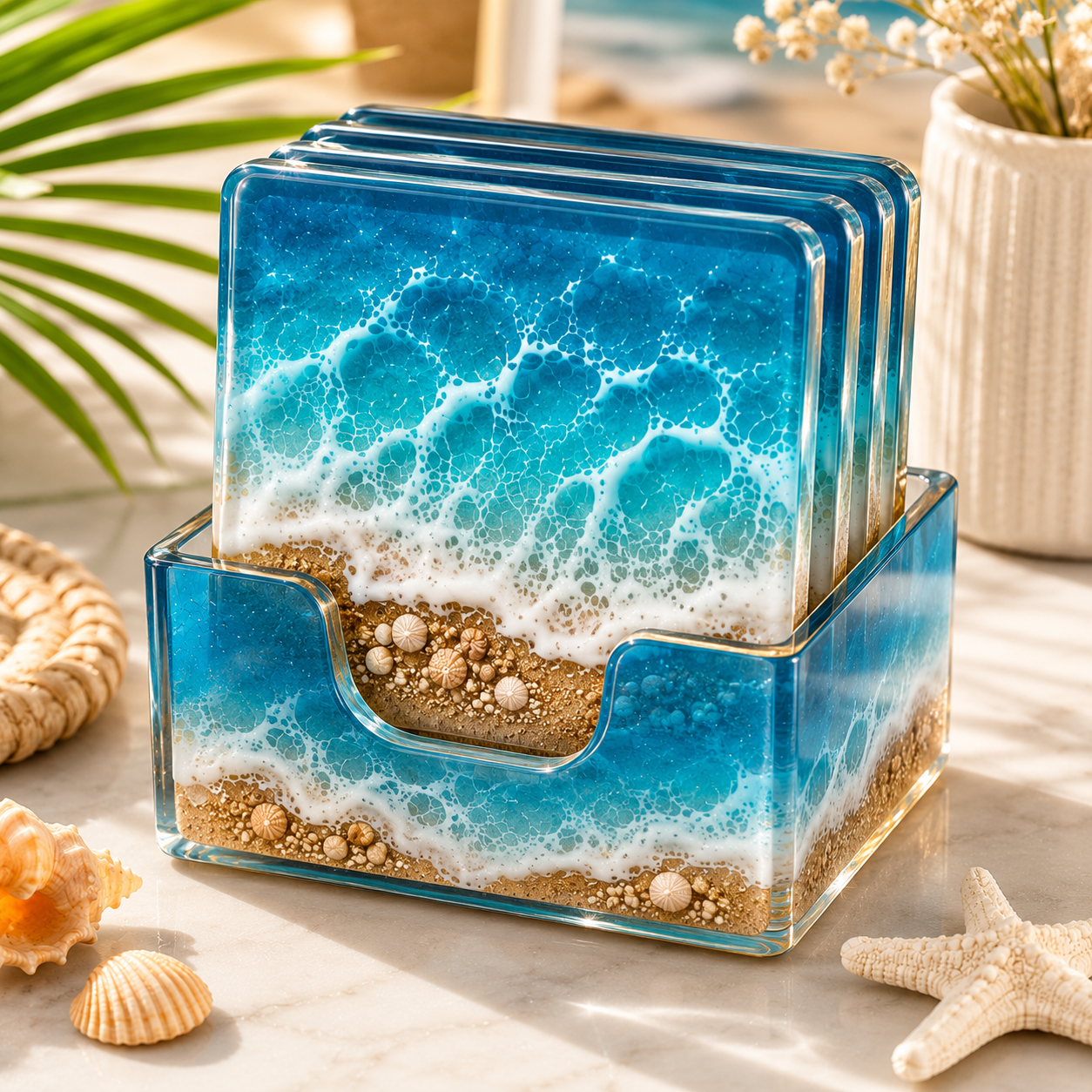 The "Cerulean Shore" Resin Coasters