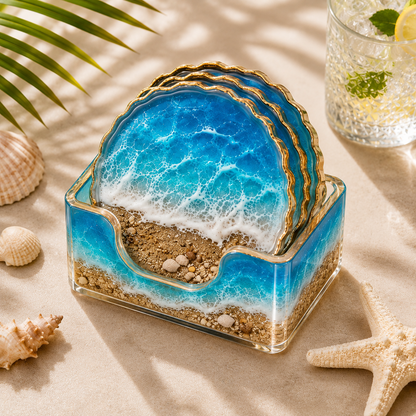 The "Cerulean Shore" Resin Coasters